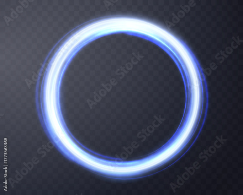 Blue glowing magic ring. Neon realistic energy flare halo ring. Abstract light effect on a transparent background. Vector illustration.