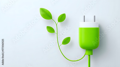 Green plug eco energy sustainability renewable power green technology clean electricity minimal design white background leaf vine environmental concept. Green plug with leaf vine white background
