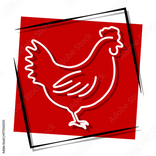 chicken, red banner in a frame. Vector illustration on a white background.