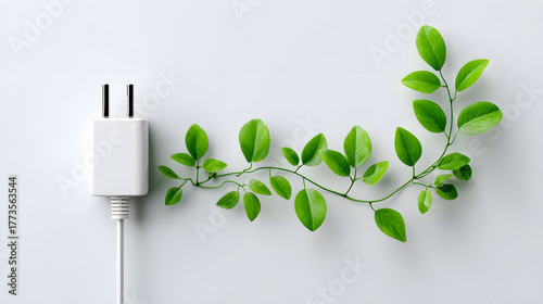 Green energy eco power sustainable charging renewable concept white background minimal design plug adapter electric cable fresh leaf clean technology Harmonious vine of green energy, eco power