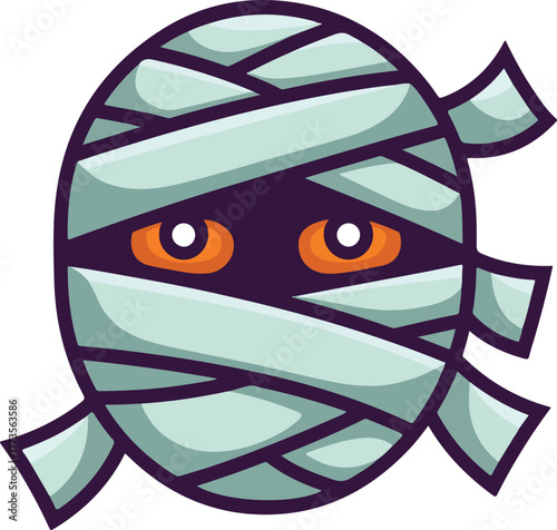 Cartoon mummy head vector illustration featuring wrapped bandages and spooky orange eyes for Halloween