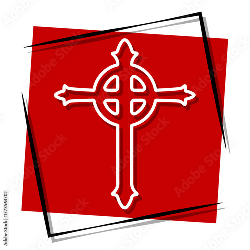 christian cross, red banner in a frame. Vector illustration on a white background.