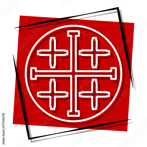 christian cross, red banner in a frame. Vector illustration on a white background.