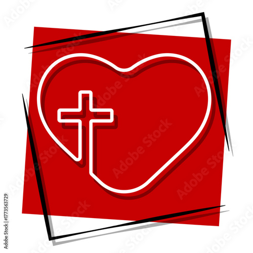 christian cross, red banner in a frame. Vector illustration on a white background.