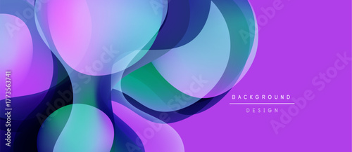 Abstract fluid shapes overlap, creating vibrant purple, teal gradients. Modern design, smooth transitions, dynamic composition.