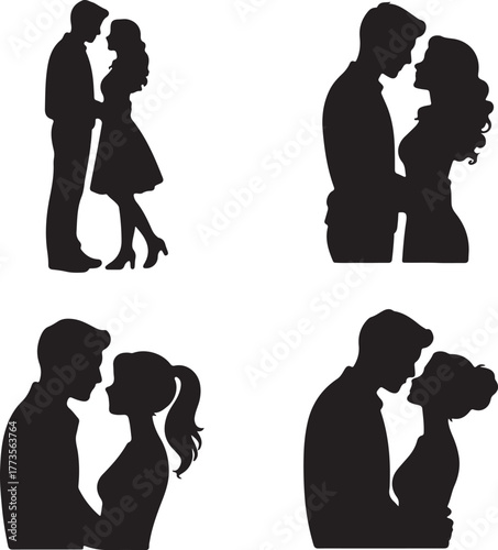 Minimalist black silhouette illustrations of romantic couples in different poses, 2x2 grid, intimate interactions, flowing hairstyles, side profiles, kissing, white background, simple elegant design.