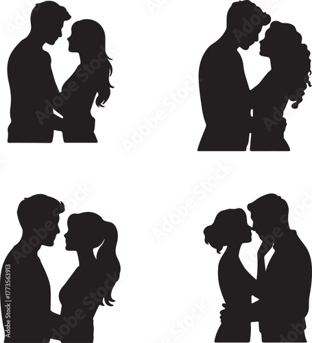 Minimalist black silhouette illustrations of romantic couples in different poses, 2x2 grid, intimate interactions, flowing hairstyles, side profiles, kissing, white background, simple elegant design.
