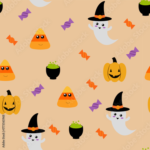 Seamless pattern with Ghost, candy and pumpkin Happy halloween pattern Vector background