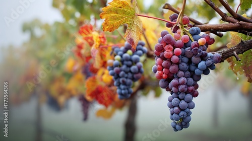 Vineyard vista: Bunches of grapes hang heavy on the vine, a colorful tapestry of autumn leaves adding to the scenic beauty of the vineyard setting in the countryside.