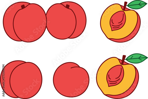 Illustration of whole and halved peaches with green leaves on white