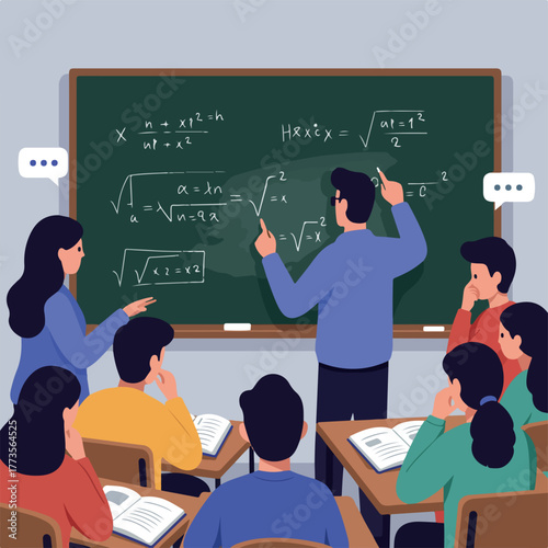 A teacher explains math on a chalkboard to a group of students sitting at desks in a classroom with a cartoon style and educational mood.