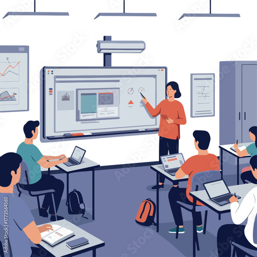 Illustration of a teacher presenting on a digital whiteboard to students with laptops in a classroom setting with a modern and educational mood.