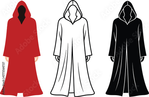 Three hooded cloaks in red outline and black on a white background
