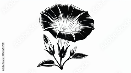 A black and white artistic illustration of a morning glory flower in a minimalist style.  
