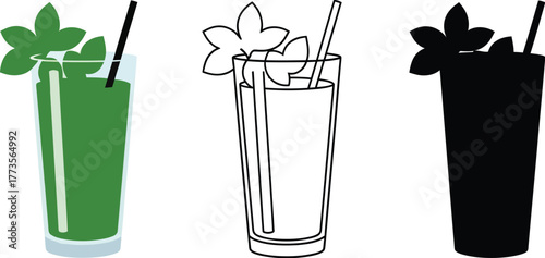 Three versions of a green drink with straw and leaf garnish on white