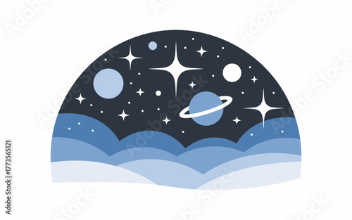 Whimsical cartoon illustration of a starry night sky with planets and a ringed planet over rolling blue hills