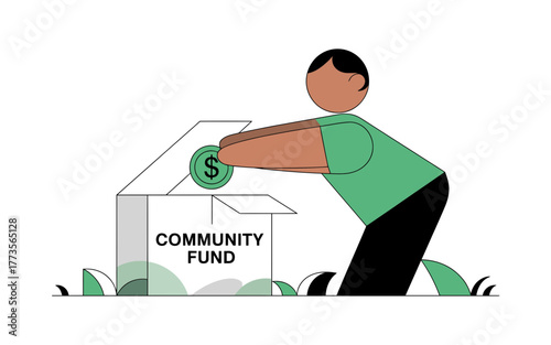 Person donating money to a community fund box with a house shape and dollar sign symbolizing support and giving