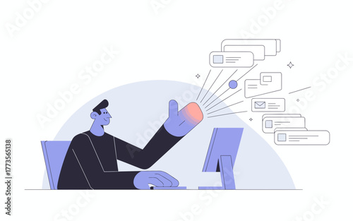Modern illustration of a person working on a computer with data visualization and abstract elements emanating from their hand