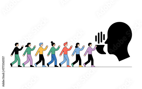 Diverse group of people walking in a line towards a large silhouette head speaking with sound waves emanating from its mouth