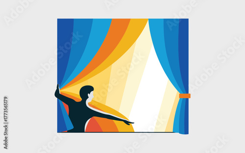 Silhouette of a person opening vibrant curtains to reveal a bright spotlight on a stage symbolizing opportunity and performance
