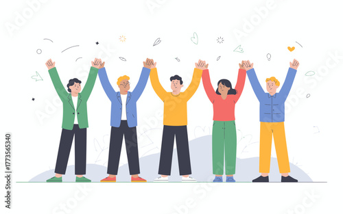 Diverse group of five people celebrating together with raised arms and confetti in the air symbolizing unity and success