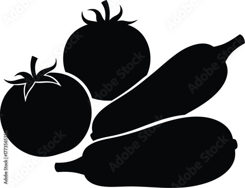 A simple black and white illustration of tomatoes and zucchinis stacked