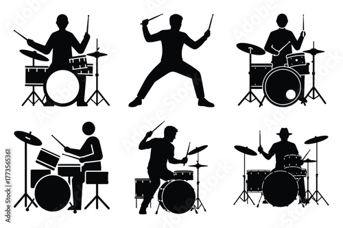 drummer silhouette vector vector art icon set