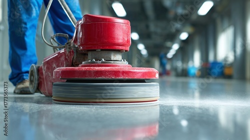 Floor Maintenance in Progress: A worker uses a floor cleaning machine to maintain and polish the floor. Shiny and clean floor with the reflection of the machine