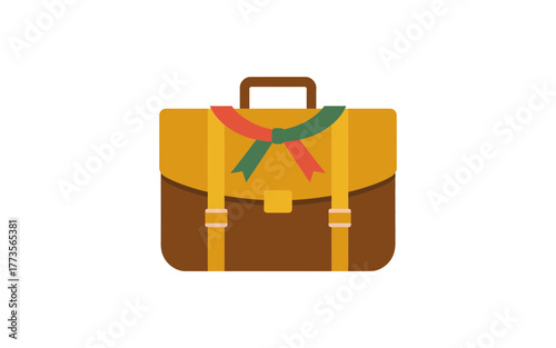 A vintage brown leather satchel or briefcase adorned with a colorful ribbon symbolizing education and travel