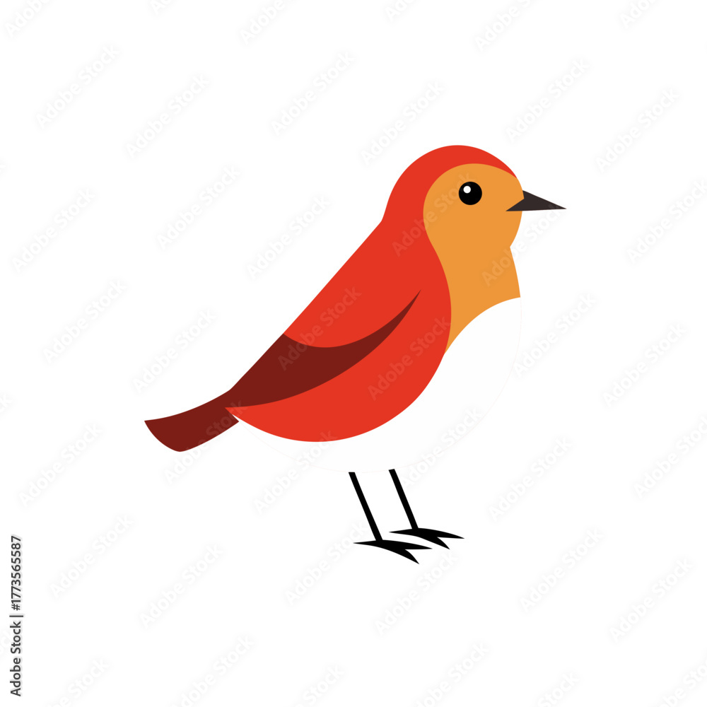 Obraz premium Stylized flat design vector illustration of a small cartoon robin bird with red breast, standing, isolated graphic element suitable for springtime and nature projects.