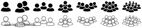Set of people and group icons representing users, teamwork, and community. Ideal for business, social media, organization, and communication themes. Designed in simple flat style for web and apps.