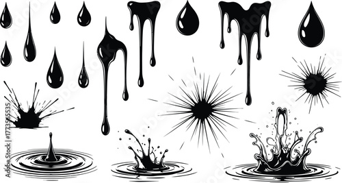 Collection of black ink drops splashes and ripples on white backdrop