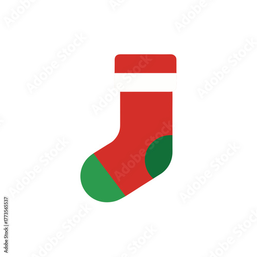 Minimalist flat design vector icon of a red and green christmas stocking boot sock illustration graphic element, isolated on a clean white background.