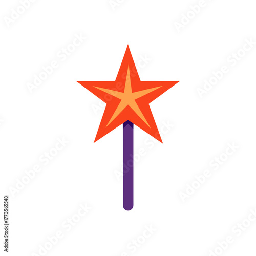 Simple flat design vector illustration of a cartoon magic wand with a bright orange star tip and purple handle, representing wishes, spells, fantasy, and performance.
