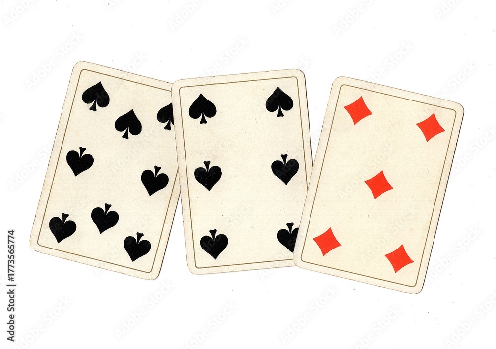 Obraz premium A hand of vintage playing cards isolated on a white background.