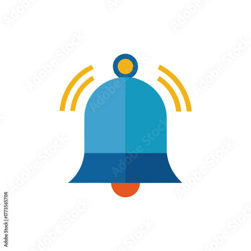 Blue ringing notification bell icon in flat design style signaling alert or alarm, isolated graphic element used for web and mobile applications interface design.