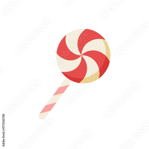 Rred and white striped swirl lollipop sweet candy confection circular icon illustration graphic isolated on a clean background design element vector flat style image.