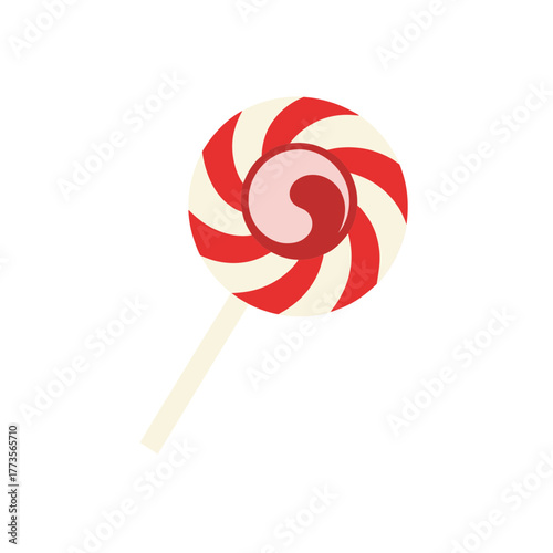 Red and white striped lollipop swirling round candy sweet dessert treat on a stick isolated vector icon illustration graphic design element for sugar craving concept.