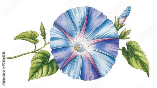 A detailed watercolor illustration of a large blue morning glory flower with delicate veining patterns 
