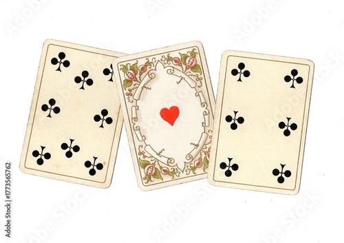 A hand of vintage playing cards isolated on a white background.