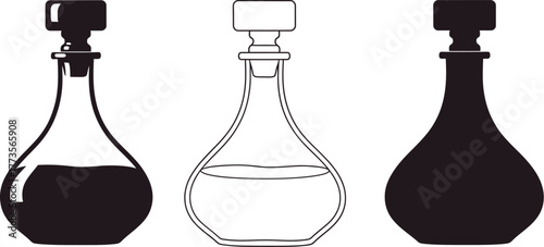 Three decanters with liquid and outline on a white background view