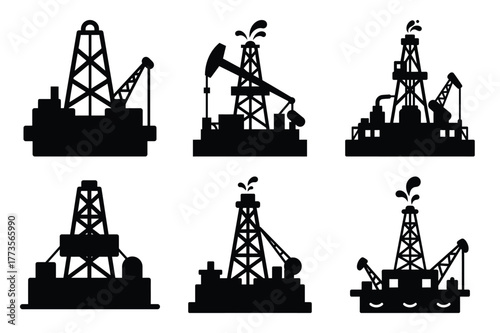 oil rig silhouette vector art icon set