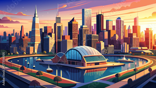 Very beautiful aerial view of Chicago, Illinois, USA, at sunrise, showcasing the iconic skyline, modern architecture, and the waterfront along Chicago Harbor with glowing reflections on the water.