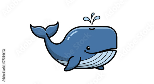 A cheerful blue cartoon whale smiles warmly while spouting a small splash of water, depicted in a simple and cute vector illustration style isolated on a white background.