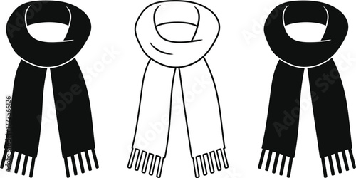 Three scarves in black and white outline isolated on a white background