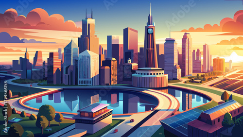 Very beautiful aerial view of Chicago, Illinois, USA, at sunrise, showcasing the iconic skyline, modern architecture, and the waterfront along Chicago Harbor with glowing reflections on the water.