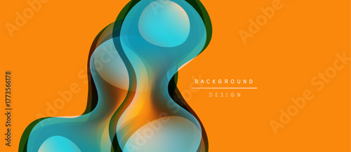 Abstract fluid shapes overlap, creating vibrant color gradients. Orange background complements cool blue, green hues. Modern design element.