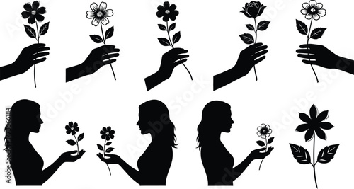 Silhouettes of hands holding flowers and women holding flowers art