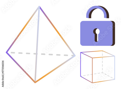 Pyramid, cube with dotted edges, and lock in gradient colors. Ideal for geometry, security, structure, abstraction, education, technology simple flat metaphor