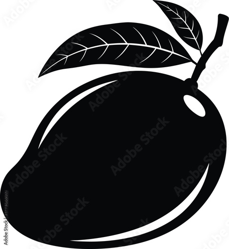 Black silhouette of a mango fruit with leaves on a white background